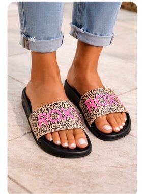 Roxy Leopard Print Neon Pink Logo Contoured Footbed Slide Sandals